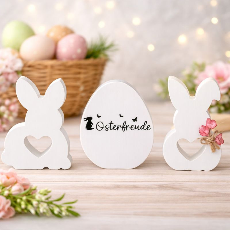 Frohe Ostern Deko Set 3-teilig aus Gips mit Trockenblumen 3 teilig